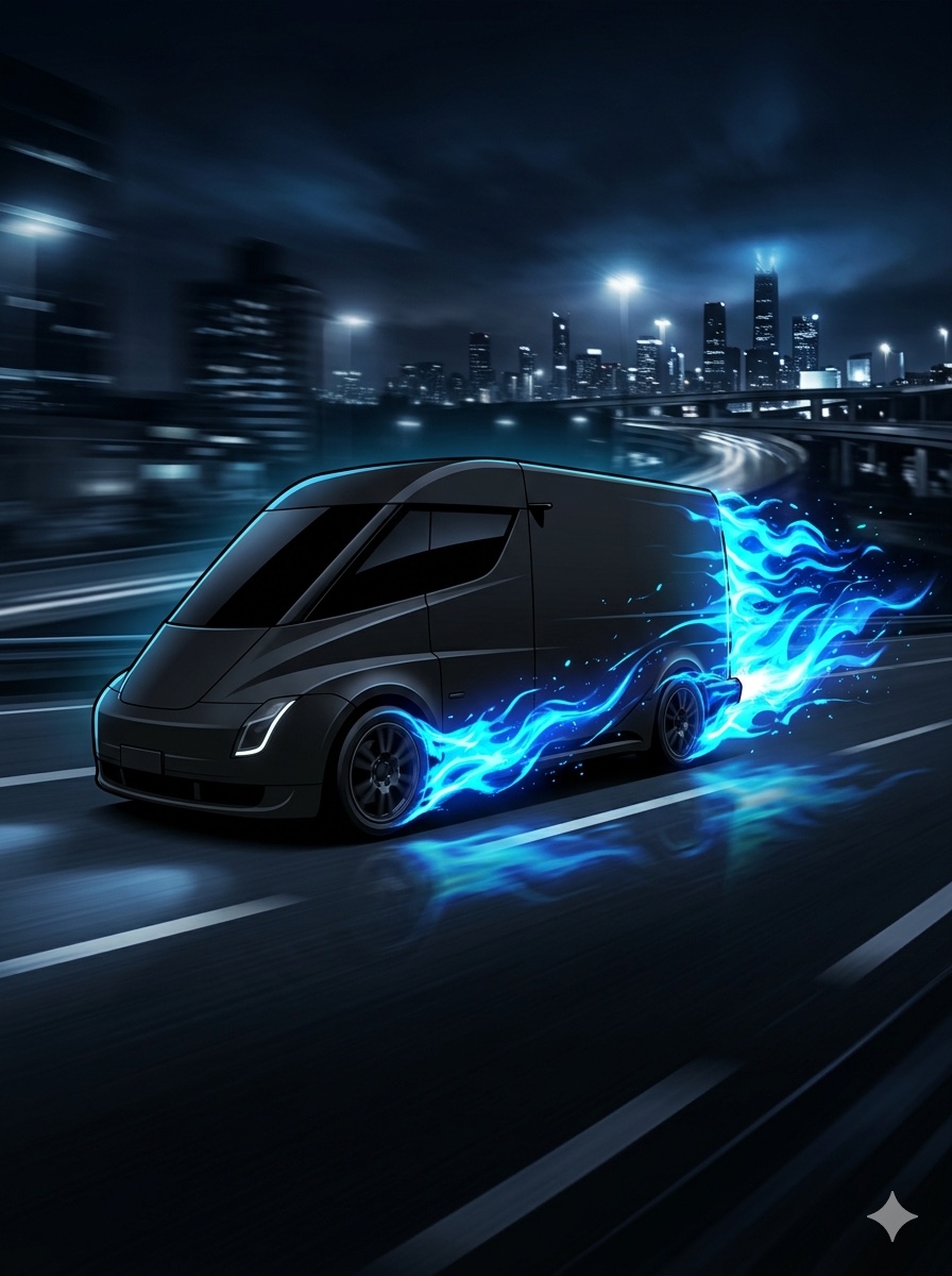 Stealth Express cargo van traveling through a city at night
